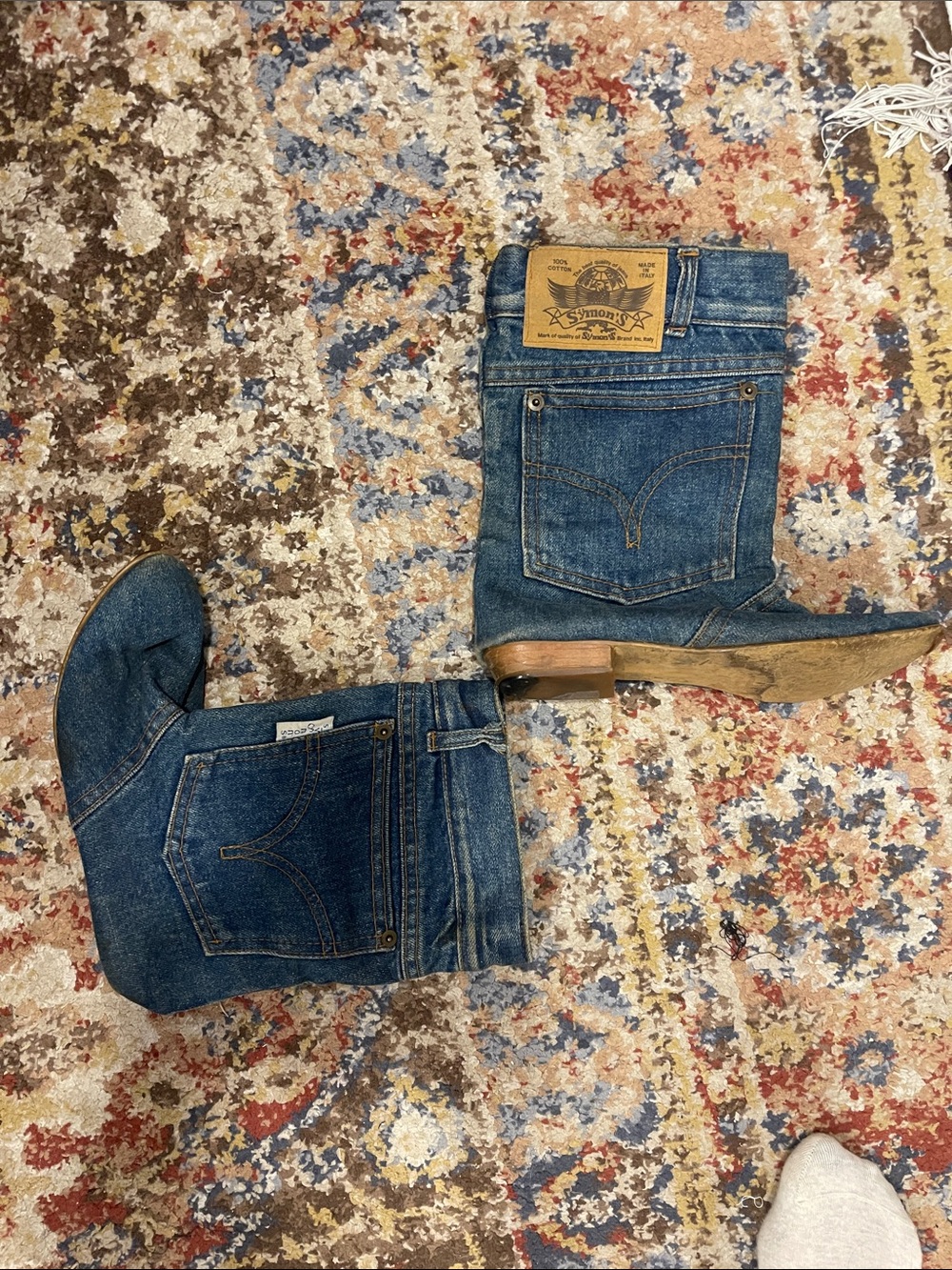 Vintage Blue Denim Ankle Booties with Leather Heel Detail